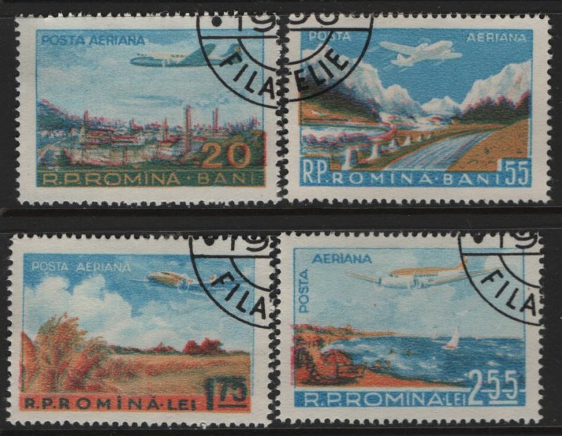 ROMANIA, C45-C48, SET, USED, 1956, PLANE OVER CITY, PLANE OVER MOUNTAINS
