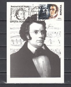 Romania, JUN/97 issue. Franz Schubert, 18/JUN/97 Cancel & Cachet on a Max. Card.
