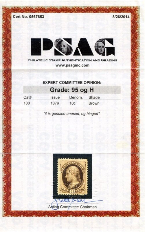 US SCOTT #188 MINT-XF-SUPERB-OG-H GRADED 95 W/ PSAG CERT (4/17/24 GP)