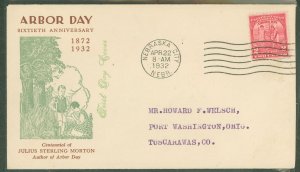 US 717 (1932) 2c Arbor Day/60th Anniversary (single) on an addressed (typed) First Day Cover with a unprint cachet
