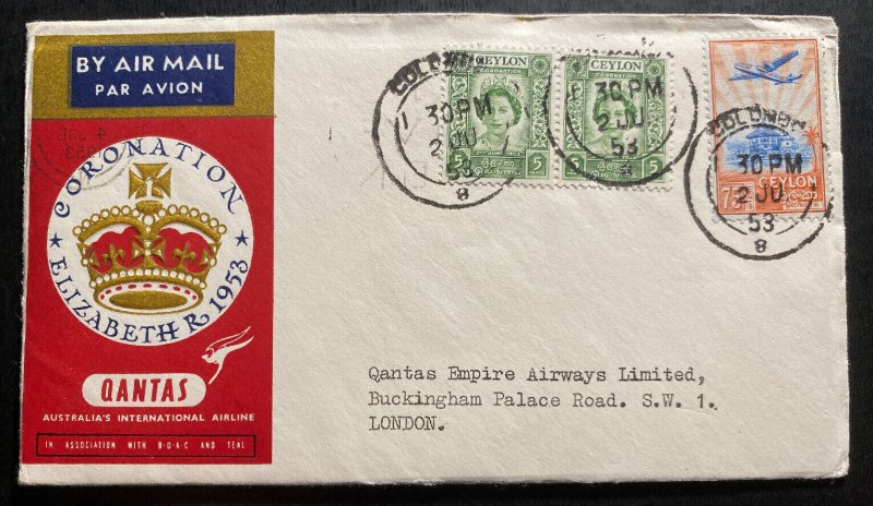 1953 Colombo Ceylon Cover FDC Queen Elizabeth II Coronation To London UK B