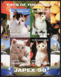 Turkmenistan 1998 YT#98/101 CATS/LIONS/ROTARY/TRAINS SHLT.IMPERFORATED MNH