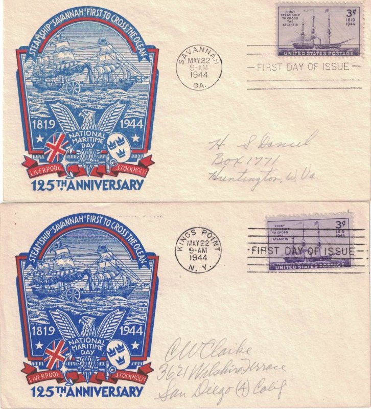 1944 FDC, #923, 3c Steamship, Staehle - 2 cities