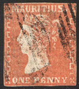 Mauritius 1859 1d Vermilion Dardenne SG 42 Scott 16 FU Cat £1300($1600)