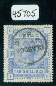 SG 182 10/- cobalt on white paper. Very fine used with a Glasgow CDS, July 8th.. 