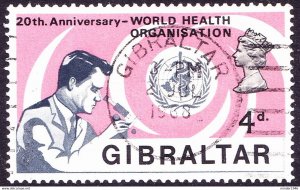 GIBRALTAR 1968 QEII 4d Slate, Black & Pink 20th Anniv. of WHO SG228 Used