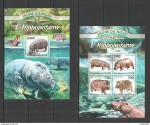 2013 Niger Fauna Wild Animals Hippopotamus L'Hippopotame Kb+Bl ** St2827