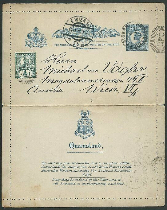 QUEENSLAND QV 2d lettercard used 1911 to Austria - uprated ½d..............59980