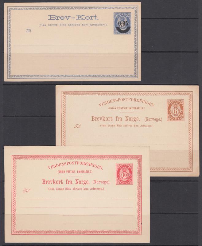Norway H&G 3, 20, 28 mint 1876-1886 Postal Cards, 3 different Earlies, VF