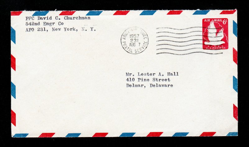 1957 US ARMY-AIR FORCE POSTAL SERVICE 542ND ENGR CO A.P.O. 231 TO DELMAR DE 