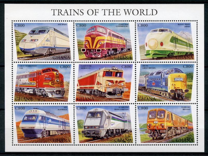 世界の鉄道 切手 コレクション TRAINS OF THE WORLD Ghana 1998 MNH Trains of World Bullet Train Deltic 9v M/S II