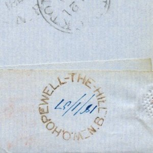 ?W.O. HOPEWELL THE HILL N.B. WAY OFFICE 1851 m/s date stampless cover Canada