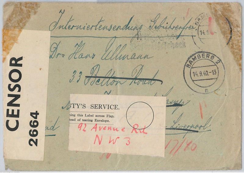 GERMANY Judaica  --  POSTAL HISTORY: COVER to INTERNMENT CAMP for ALLIEN ENEMIES