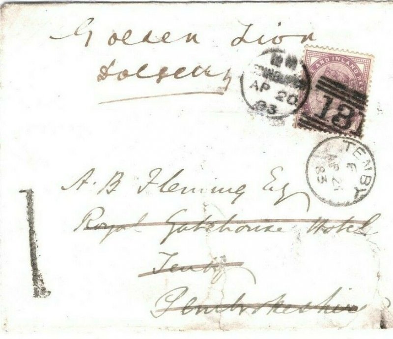 GB WALES Cover Pembrokeshire Tenby *1* REDIRECTED Edinburgh 1883 1d Lilac 89.30