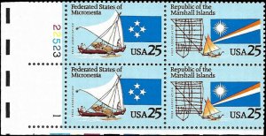 1990 Micronesia & Marshall Plate Block of 4 25c Stamps - MNH, OG - Sc# 2506-2507