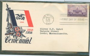 US 838 1938 3c Iowa Statehood Centennial on an addressed (typed) FDC with a Staehl cachet (cover has a corner bump)