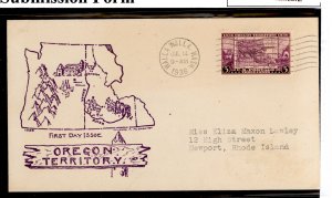 US 783 3 cent Oregon Territory/100th Anniversary on an addressed (typed) FDC with a Walla, Walla, WA cancel and a McDonough cach