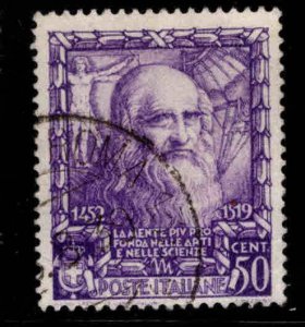 Italy Scott 404 Used Leonardo Da Vinci stamp slightly thinned.