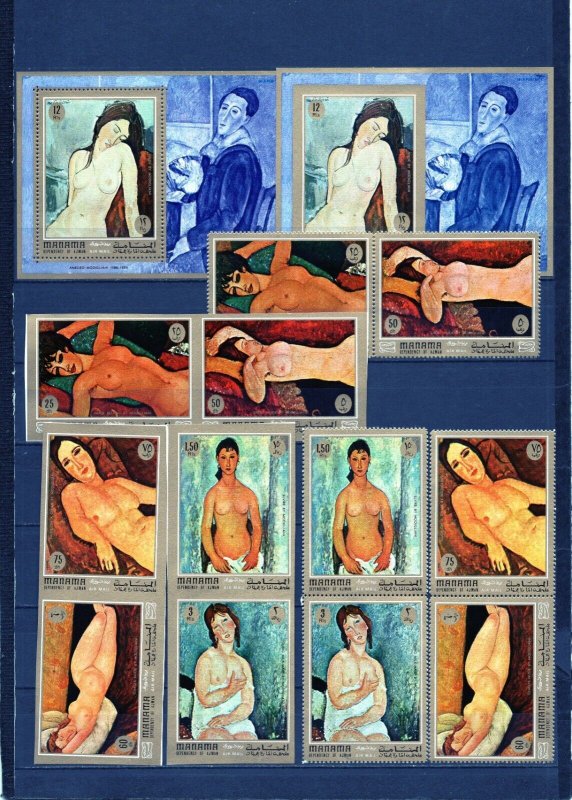 MANAMA 1971 PAINTINGS BY MODIGLIANI 2 SETS OF 6 STAMPS & 2 S/S PER. & IMPER. MNH