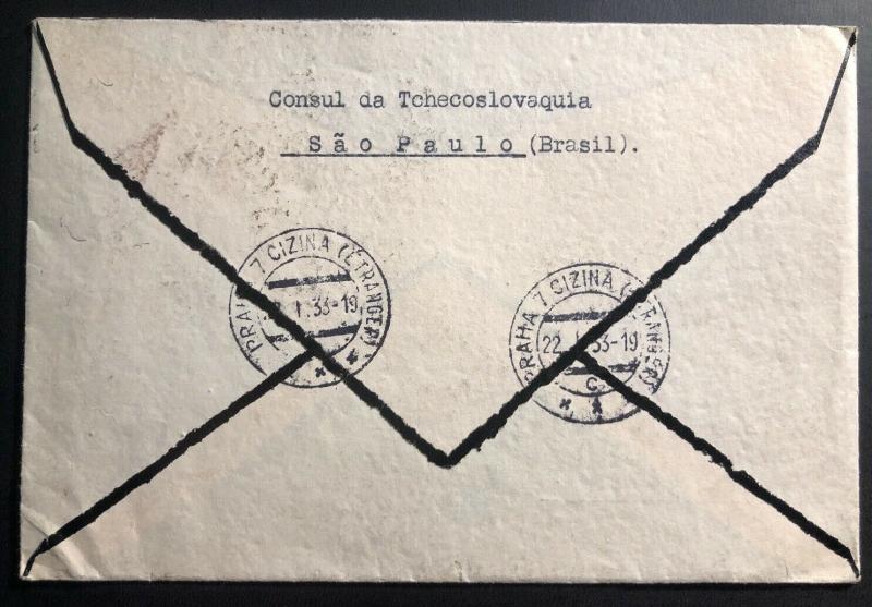 1933 Sao Pablo Brazil Czechoslovakia Consulate Morning Official Cover To Prague