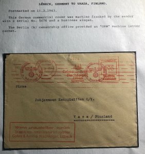 1943 Lubeck Germany Meter Cancel Censored Commercial Cover To Vasa Finland