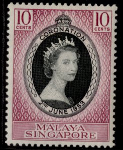 SINGAPORE QEII SG37, 10c black & reddish purple 1953 CORONATION, M MINT.