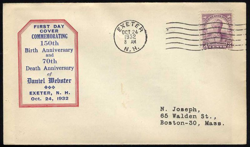 United States First Day Covers #725-14a, 1932 3c Daniel Webster, N. Joseph ca...