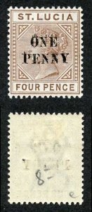 St Lucia SG55a 1d on 4d Brown Opt DOUBLED Fresh M/Mint