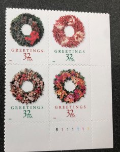 US scott # 3252a 1998 Christmas wreaths plate block of 4 stamps MNH