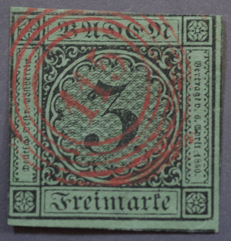 German States Baden #7 Used Red Concentric Circles Cancel w/ '115'