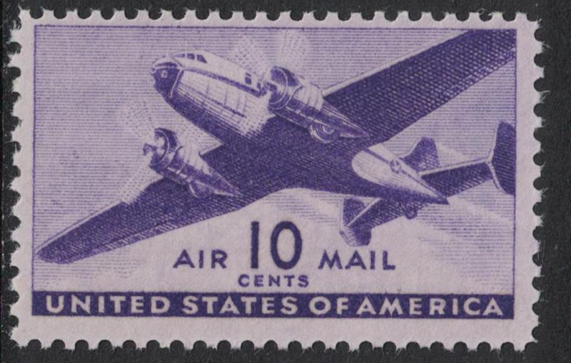 Scott C27- 10c Twin Motored Transport Plane- MNH 1941- unused mint AIRMAIL stamp