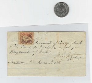 1868 MONEY RECEIPT ON SCRAP PPR 2c INT REV STAMP (R15) FOR CIVIL WAR TAX