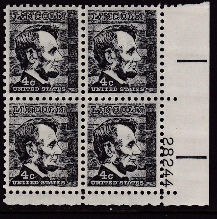 U.S. 1962 Prominent Americans 4 cent Lincoln Plate Number Block VF/NH