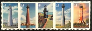 2009 Gulf Coast Lighthouses Strip of 5 44c Postage Stamps, Sc#4409-4413, MNH, OG