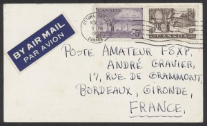 1951 #301  Fur Res +#312 Steamship Stamps On QSL Card Airmail Ottawa to France