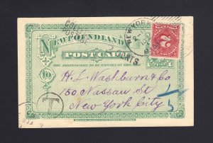 NEWFOUNDLAND: 1899 1c Postal Card USED to US - 2c POSTAGE DUE
