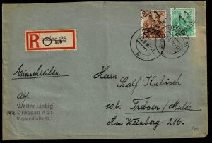 Michel#174, ovpr. town cancel Dresden on registered cover, Soviet zone 1948