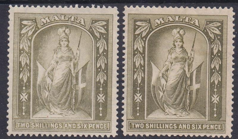 MALTA 1914 FIGURE 2/6 - BOTH SHADES WMK MULTI CROWN CA