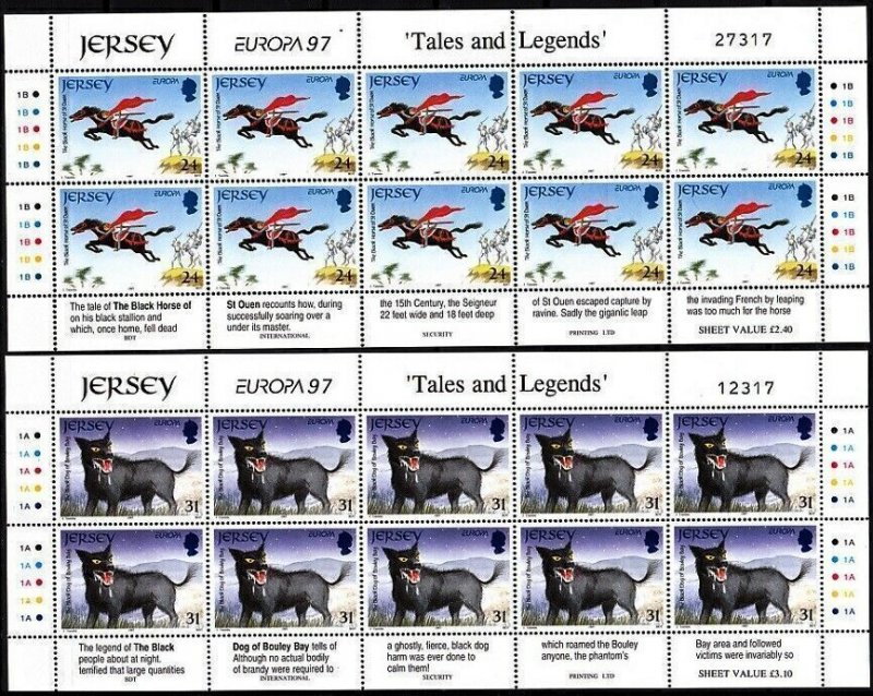 JERSEY 1997 EUROPA: Tales and Legends. Black Horse and Dog. 2 MINI-SHEETS, MNH