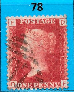 GB QV 1868 SG43 / 44, 1d Penny Red,  Very Good Used, Plate 78 (DF)