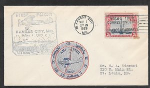 #C11 on First Flight ST, LOUIS - KANSAS CITY MO. MAY/1/1929 Cover (myA821)