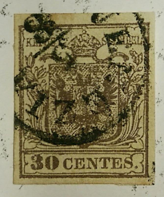 LOMBARDY-VENETIA AUSTRIA 1850 SC #5a Stamp 30c ribbed paper Used CV $200