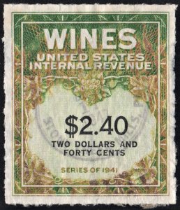 RE153 $2.40 Wine Revenue Stamp (1942) Used/CDS/Fault