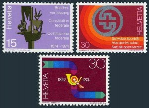 Switzerland 596-598,MNH. Mi 1039-1041. Constitution-100, 1974. Sport, Post horn.