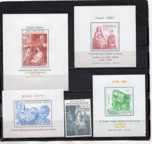 RWANDA 1971-1984 CHRISTMAS PAINTINGS SET OF 1 STAMP & 4 S/S MNH