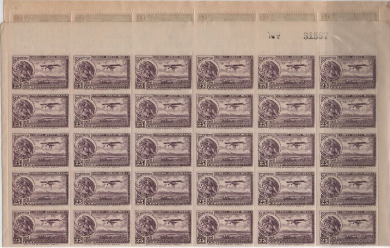 Mexico 1930 C24 full sheet well  preserved MNH violet plane and coat of arms