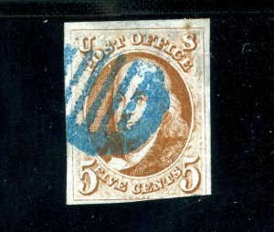 USAstamps Used VF US 1847 Franklin 1st Stamp Sct 1b With Blue Grid Cancel +Cert