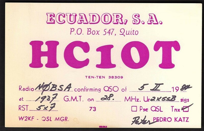 QSL QSO RADIO CARD HC1OT,Pedro Katz,1987, Ecuador, S.A.,Quito, Ecuador(Q2721)