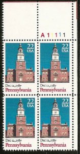 1987 Pennsylvania Constitution Plate Block of 4 22c Stamps, Sc#2337, MNH, OG