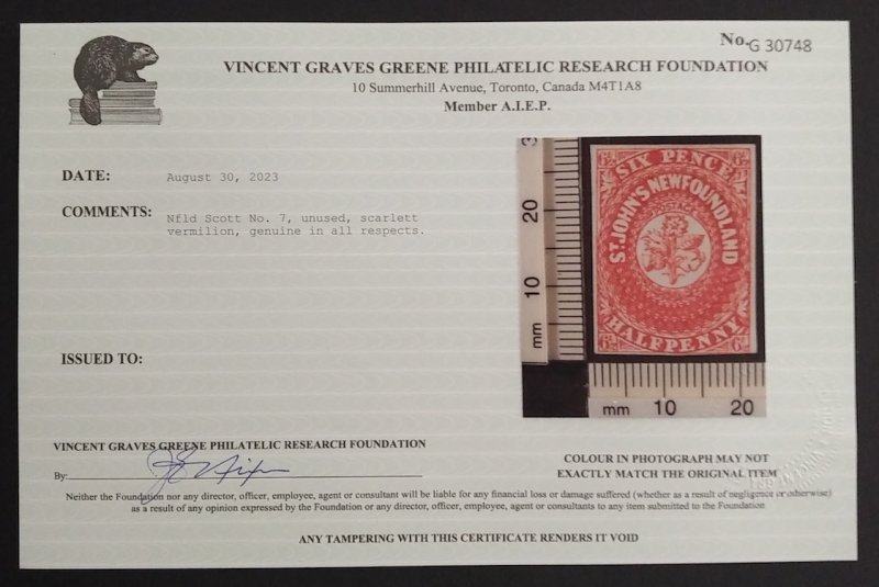 Newfoundland 7 VF Unused (No Gum) ** See Certificate **